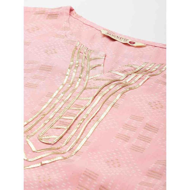Rangmayee Womens Pink & White Gold Foil Print Straight Kurta (Set of 2)