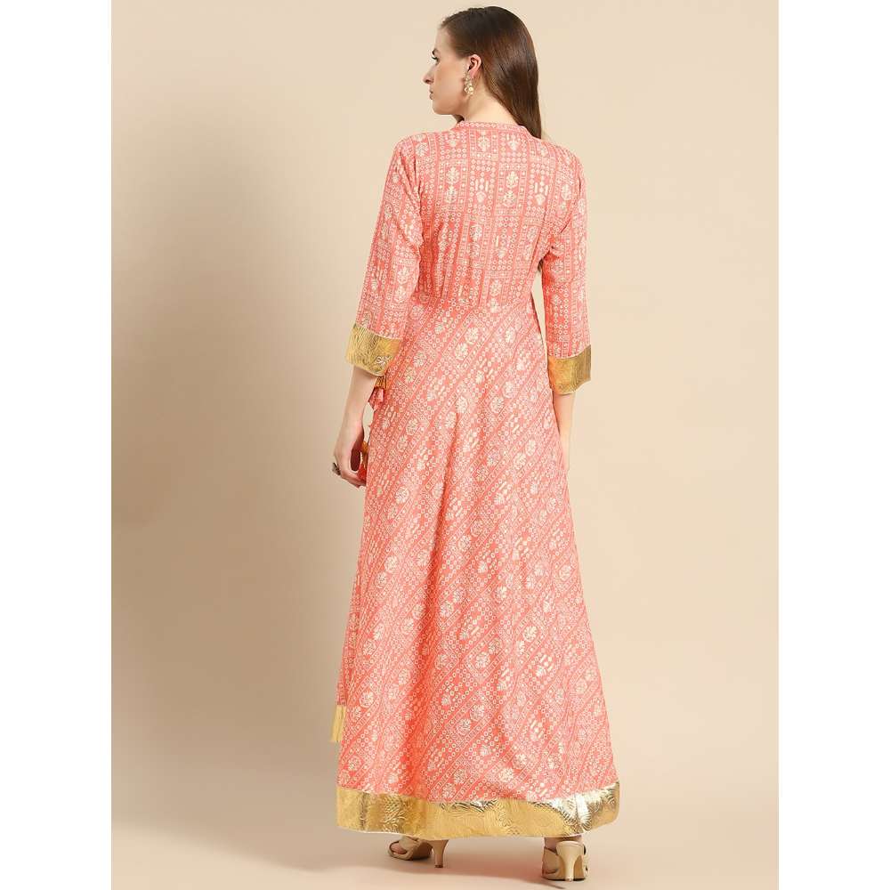 Rangmayee Womens Pink & White Gotta Patti Foil Printed Angrakha Maxi Dress