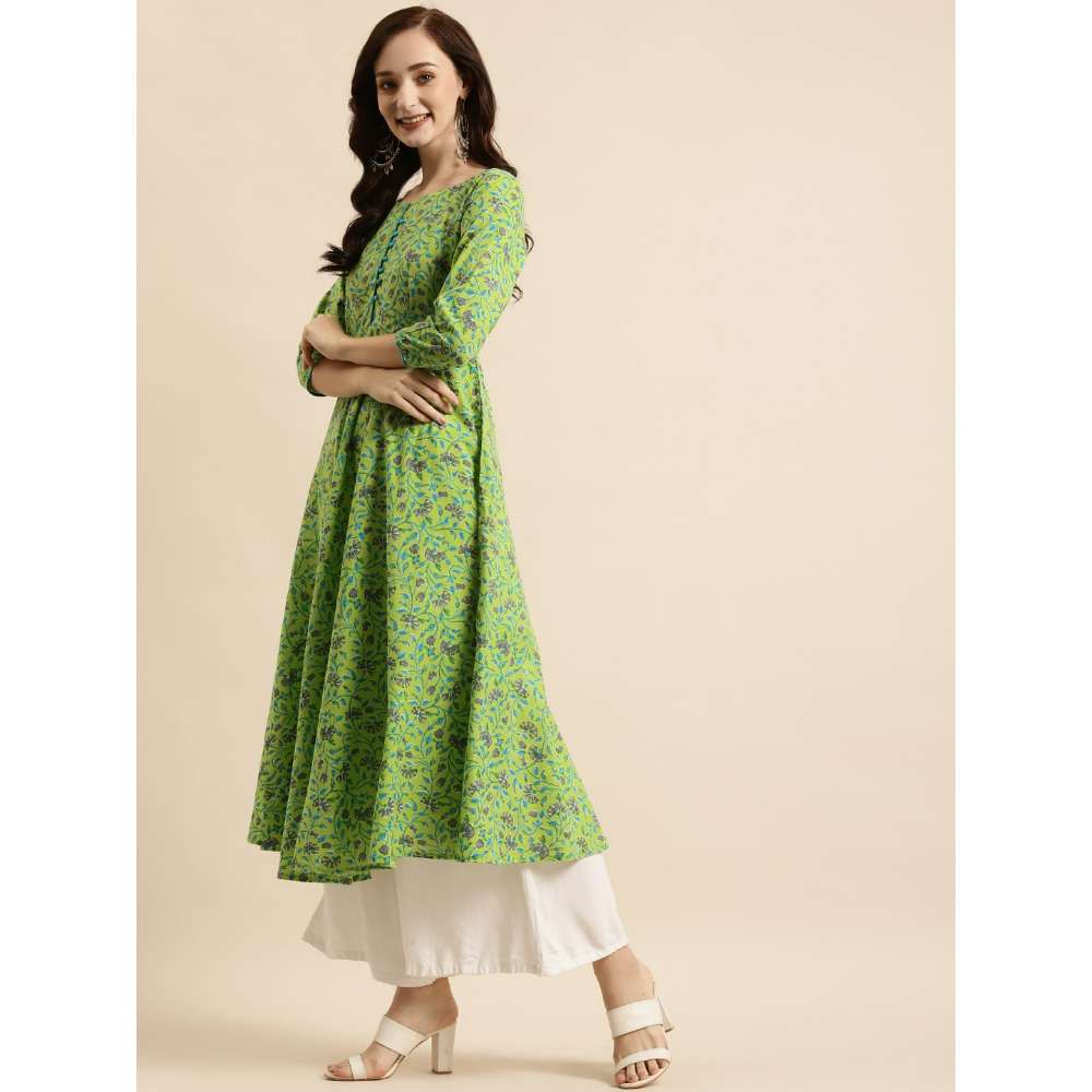 Rangmayee Women Green & Grey Cotton Floral Print A-Line Kurta