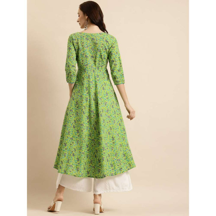 Rangmayee Women Green & Grey Cotton Floral Print A-Line Kurta