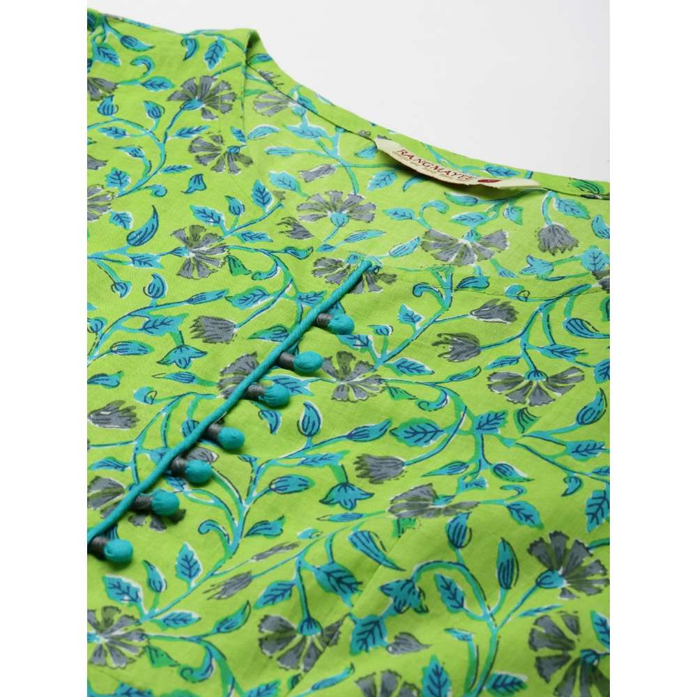 Rangmayee Women Green & Grey Cotton Floral Print A-Line Kurta