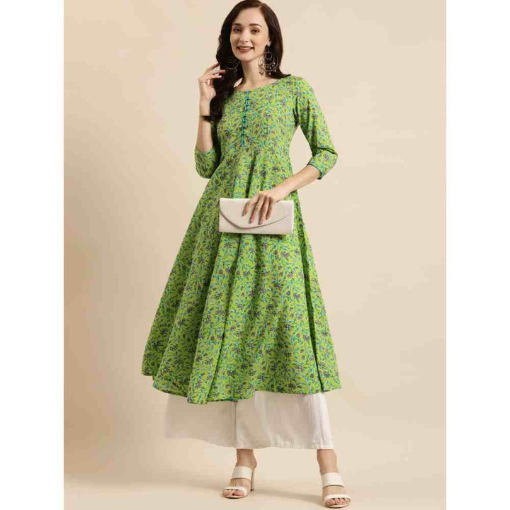 Rangmayee Women Green & Grey Cotton Floral Print A-Line Kurta