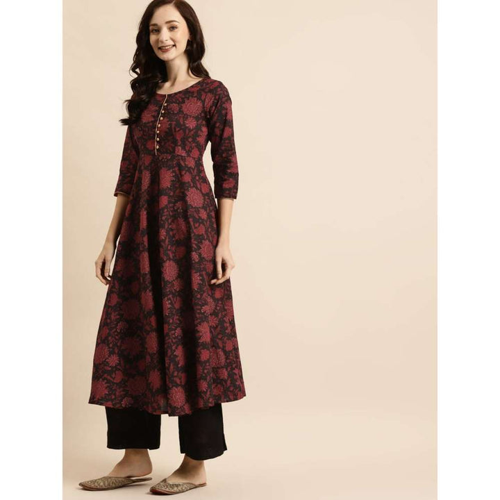 Rangmayee Women Navy Blue & Maroon Cotton Floral Print A-Line Kurta