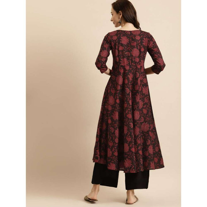 Rangmayee Women Navy Blue & Maroon Cotton Floral Print A-Line Kurta