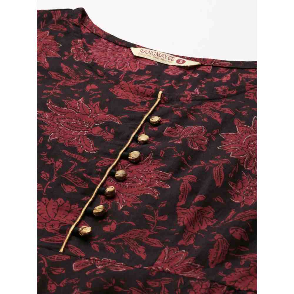 Rangmayee Women Navy Blue & Maroon Cotton Floral Print A-Line Kurta