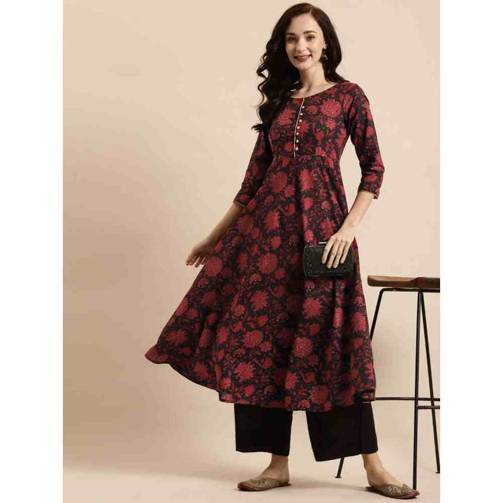 Rangmayee Women Navy Blue & Maroon Cotton Floral Print A-Line Kurta