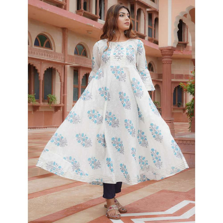 Rangmayee White and Blue Gotta Patti Printed Cotton Anarkali Dress