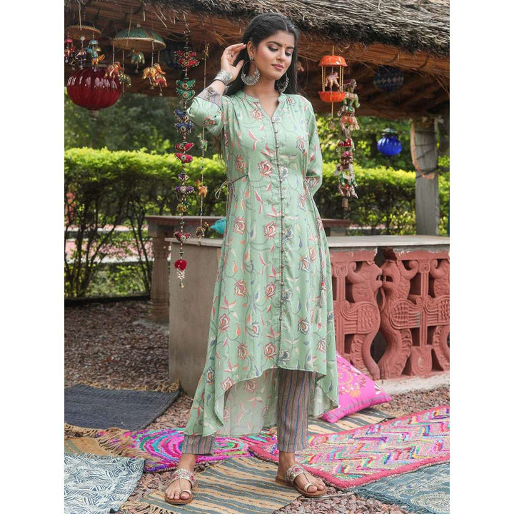 Rangmayee Green and Blue Foil Printed High-Low A-Line Kurta with Trouser Set. (Set of 2)