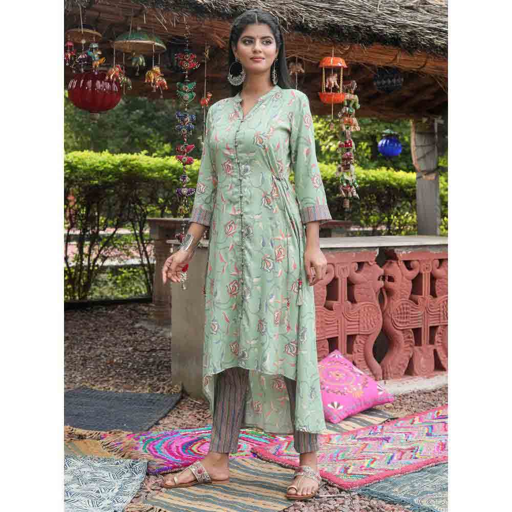 Rangmayee Green and Blue Foil Printed High-Low A-Line Kurta with Trouser Set. (Set of 2)