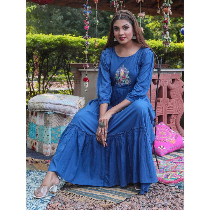 Rangmayee Blue and Pink Embroidered Tiered Maxi Dress