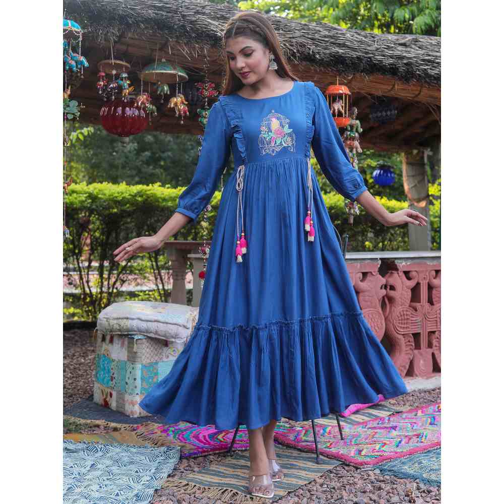 Rangmayee Blue and Pink Embroidered Tiered Maxi Dress