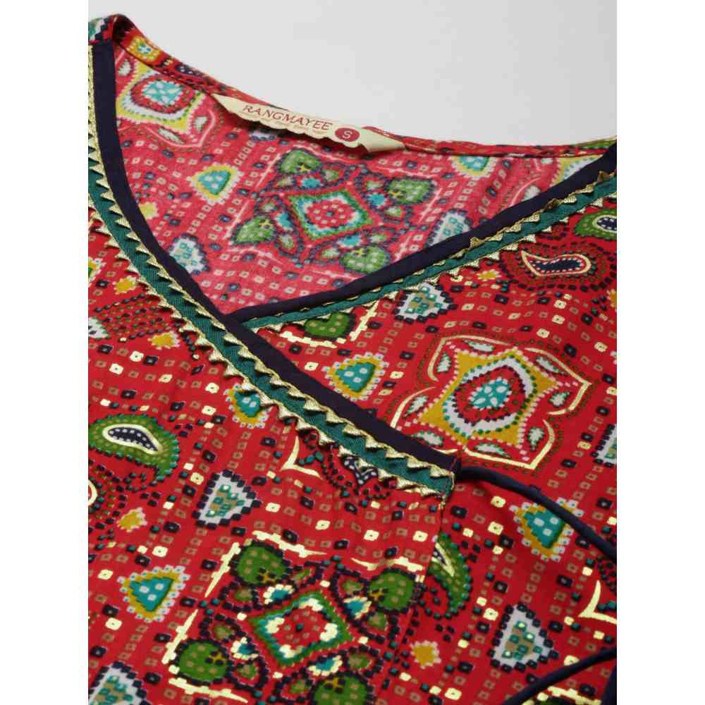 Rangmayee Women Red and Green Gotta Patti Foil Printed Angrakha Maxi Dress