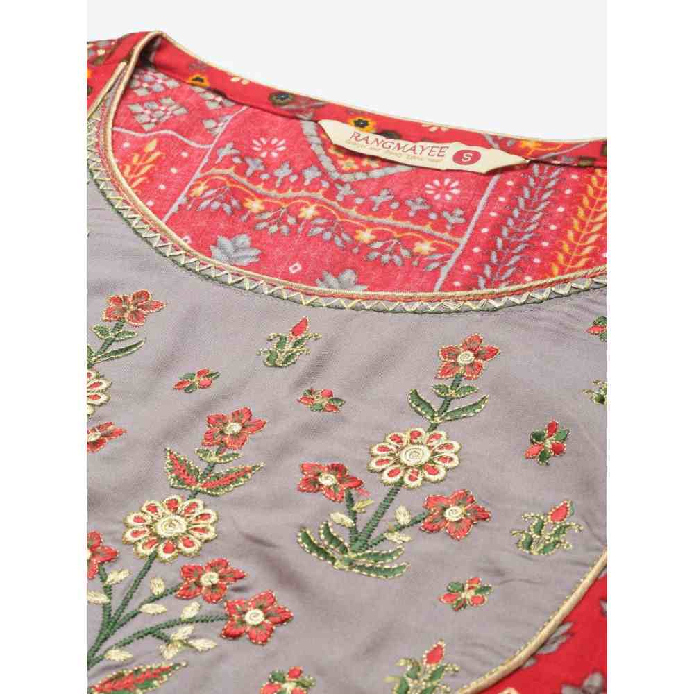 Rangmayee Women Red and Grey Foil Printed & Embroidered A-Line Kurta