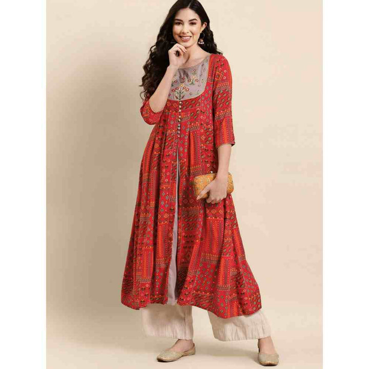 Rangmayee Women Red and Grey Foil Printed & Embroidered A-Line Kurta