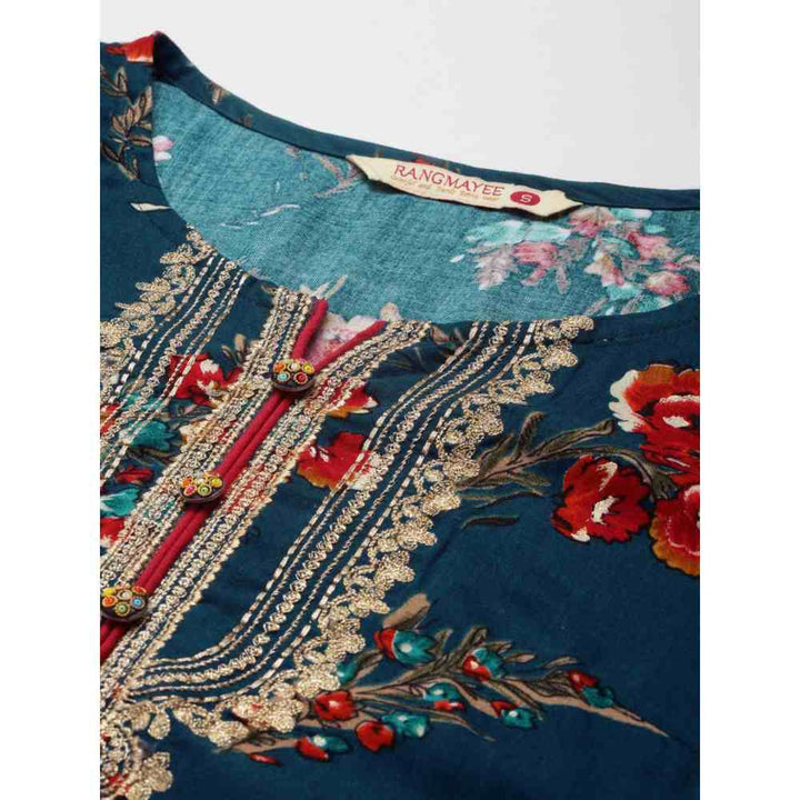 Rangmayee Women Blue and Red Foil Printed & Zari Embroidery Straight Kurta