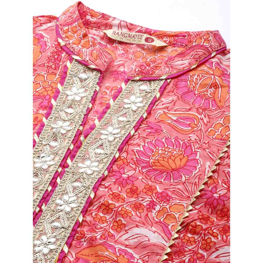 Rangmayee Womens Pink Floral Print Embroidered Kurta with Sharara & Dupatta (Set of 3)