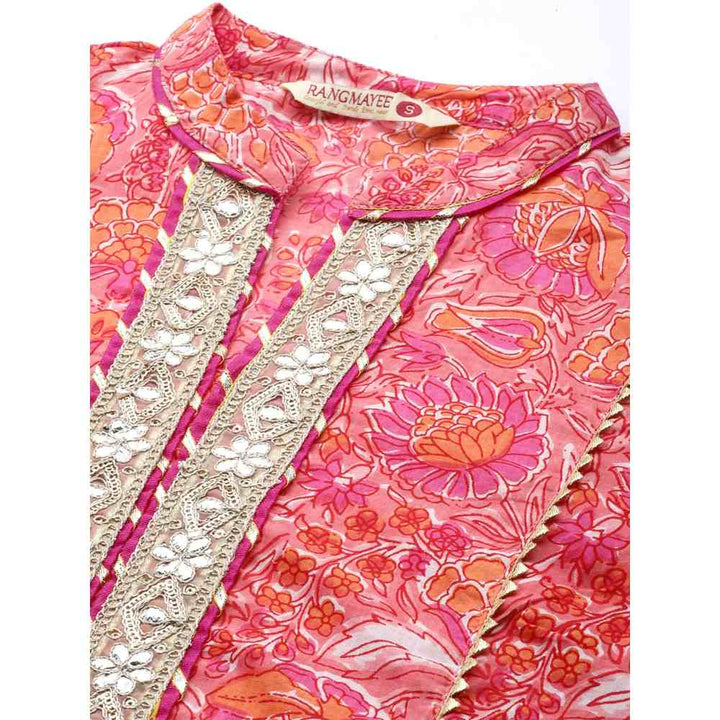 Rangmayee Womens Pink Floral Print Embroidered Kurta with Sharara & Dupatta (Set of 3)
