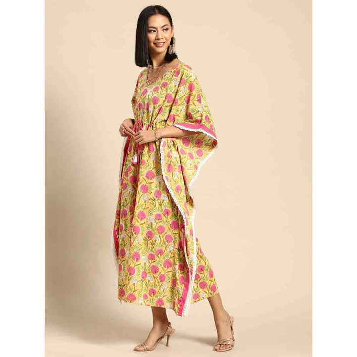 Rangmayee Womens Yellow & Pink Floral Print Kaftan Dress with Tie-Up Detail