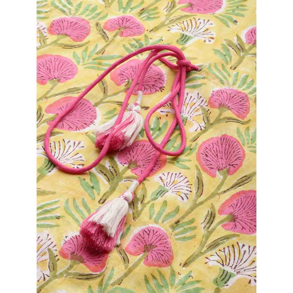 Rangmayee Womens Yellow & Pink Floral Print Kaftan Dress with Tie-Up Detail