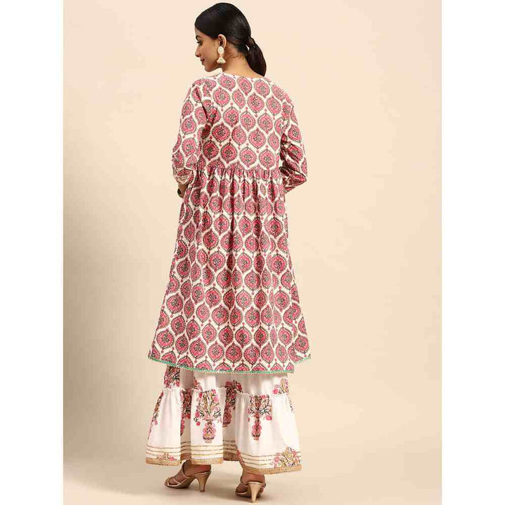 Rangmayee White-Pink Floral Print & Embroidered Kurta with Skirt (Set of 2)