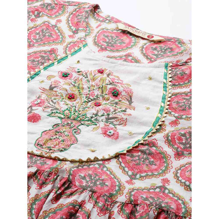 Rangmayee White-Pink Floral Print & Embroidered Kurta with Skirt (Set of 2)