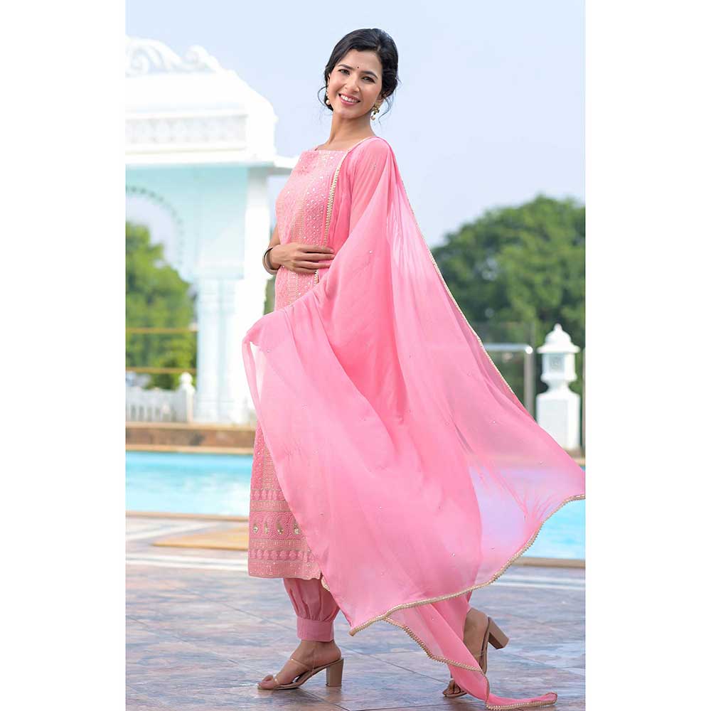 Rangpur Pink Chikankari Suit - Set of 3