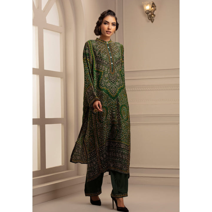 Rajdeep Ranawat Bandhej Ghazala Emerald Tunic With Palazzo (Set of 2)