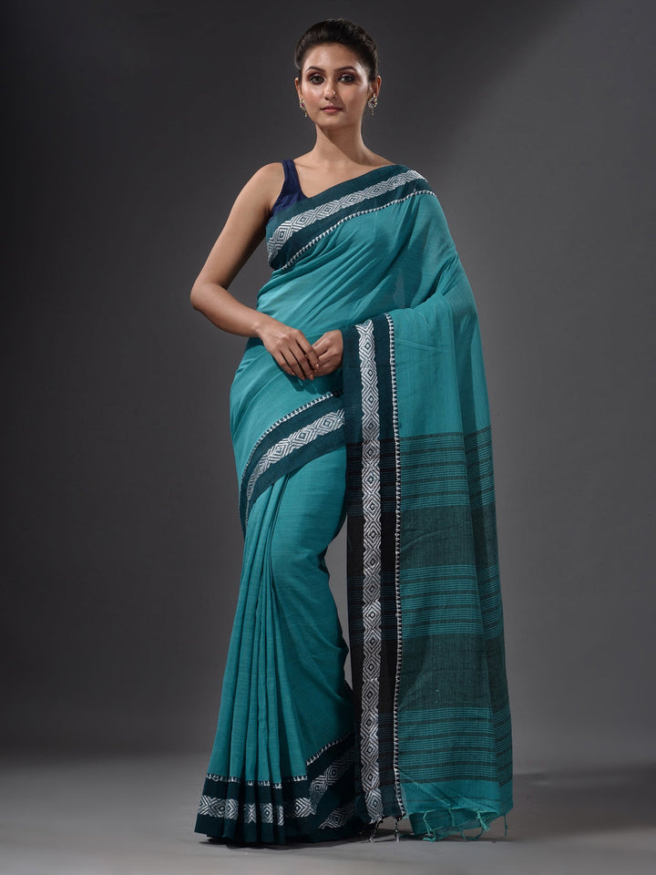 CHARUKRITI Green Handwoven Cotton Dual Tone Saree with Unstitched Blouse Piece