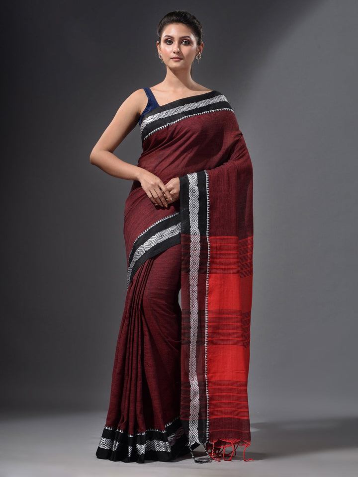 CHARUKRITI Wine Red Handwoven Cotton Dual Tone Saree with Unstitched Blouse Piece
