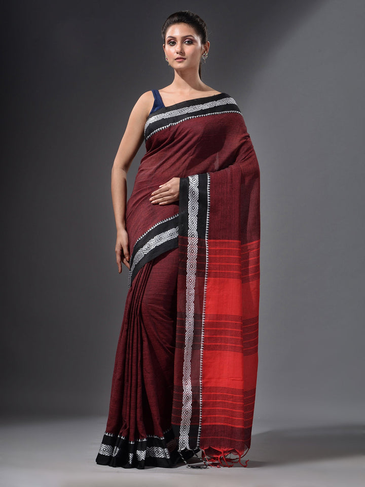 CHARUKRITI Wine Red Handwoven Cotton Dual Tone Saree with Unstitched Blouse Piece