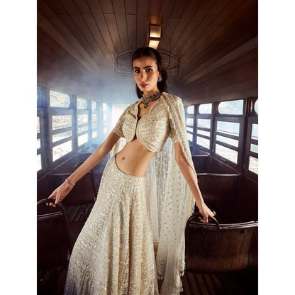 Rococo Arcadia Ivory Lehenga with Blouse and Dupatta (Set of 3)