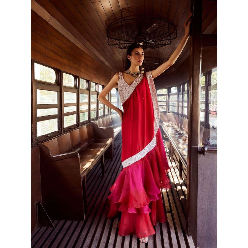 Rococo Sanguine Red Lehenga with Blouse and Dupatta (Set of 3)