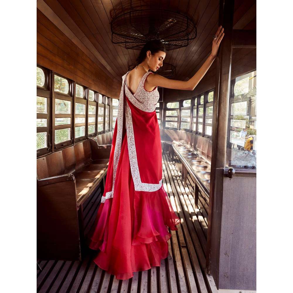 Rococo Sanguine Red Lehenga with Blouse and Dupatta (Set of 3)