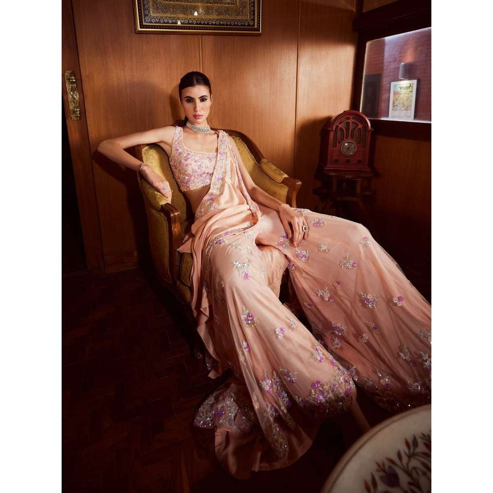 Rococo Rosette Peach Top with Sharara and Dupatta (Set of 3)