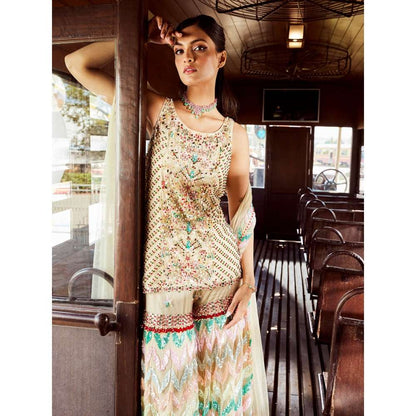 Rococo Caprice Beige Top with Sharara and Dupatta (Set of 3)