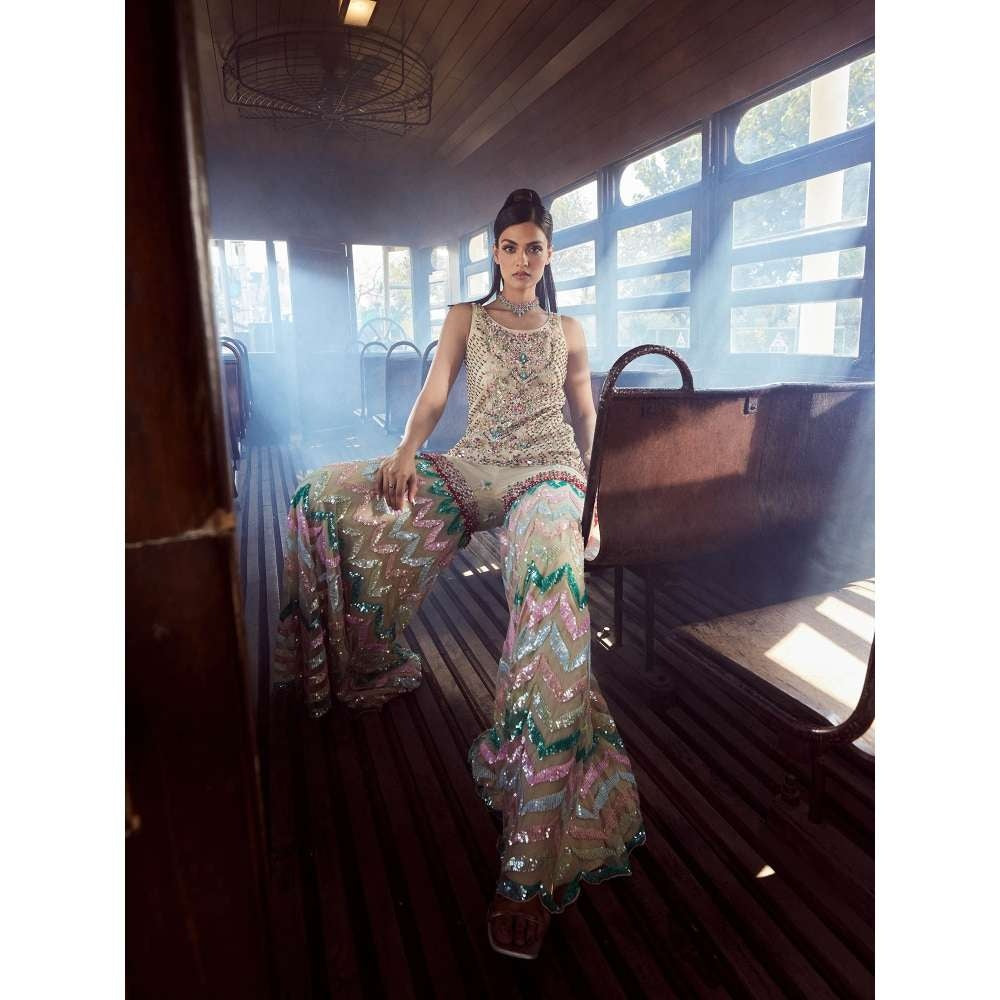 Rococo Caprice Beige Top with Sharara and Dupatta (Set of 3)