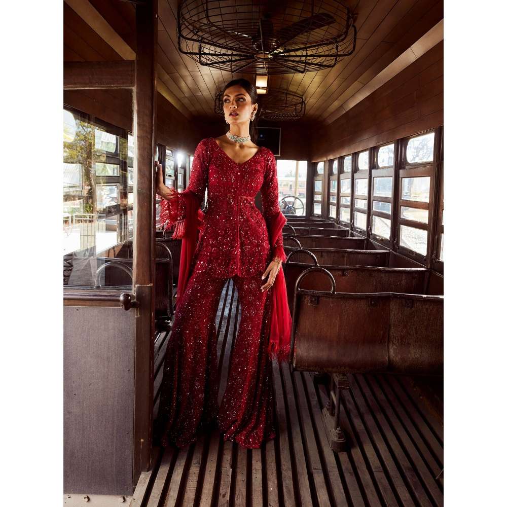 Rococo Sequoia Maroon Kurti with Sharara and Dupatta (Set of 3)