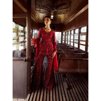 Rococo Sequoia Maroon Kurti with Sharara and Dupatta (Set of 3)