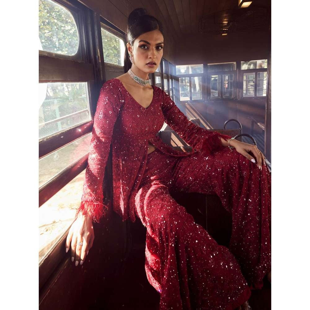 Rococo Sequoia Maroon Kurti with Sharara and Dupatta (Set of 3)