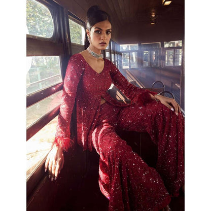 Rococo Sequoia Maroon Kurti with Sharara and Dupatta (Set of 3)