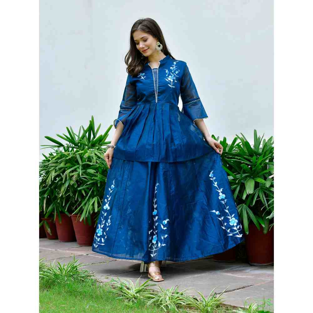 Roohaniyat Blue Floral Print Skirt (Set of 3)