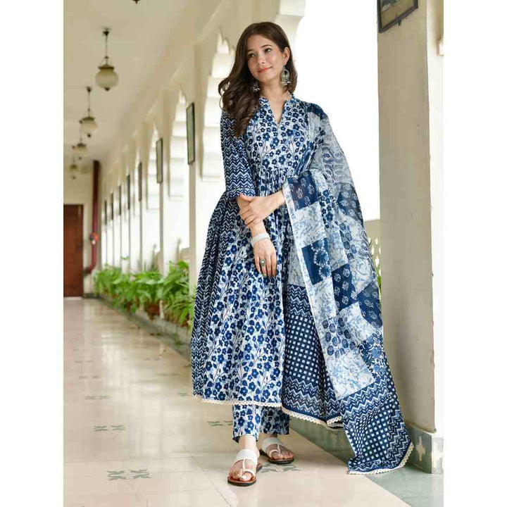 Roohaniyat Blue Indigo A Line Anarkali Suit (Set of 3)