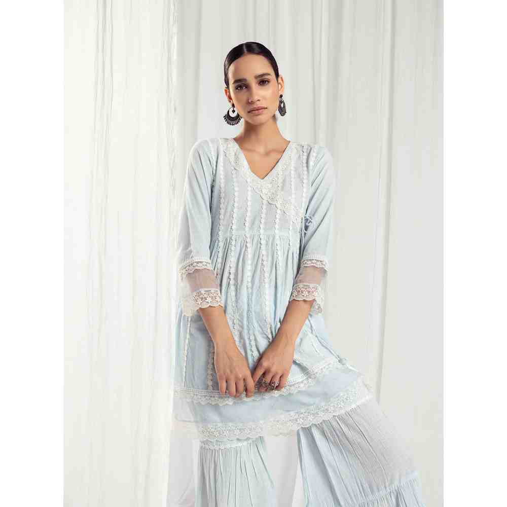 Roze Dahlia Blue Kurta Sharara with Dupatta (Set of 3)