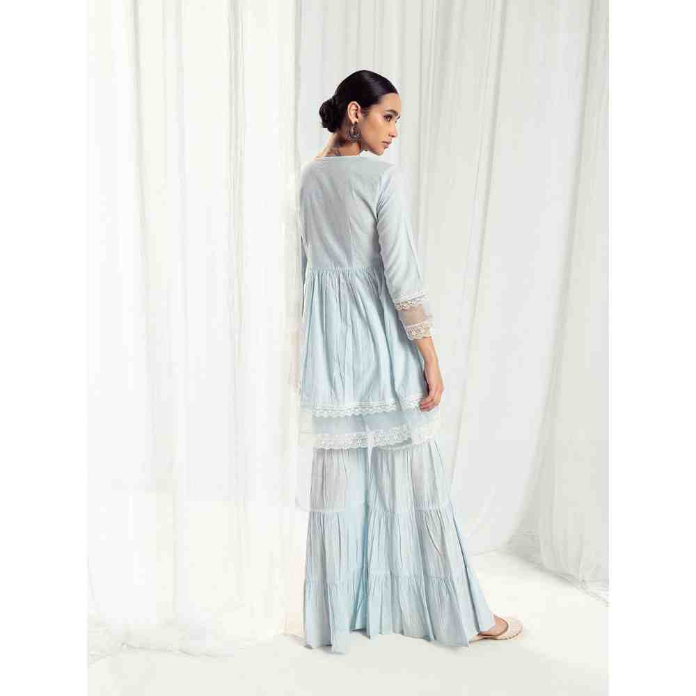 Roze Dahlia Blue Kurta Sharara with Dupatta (Set of 3)