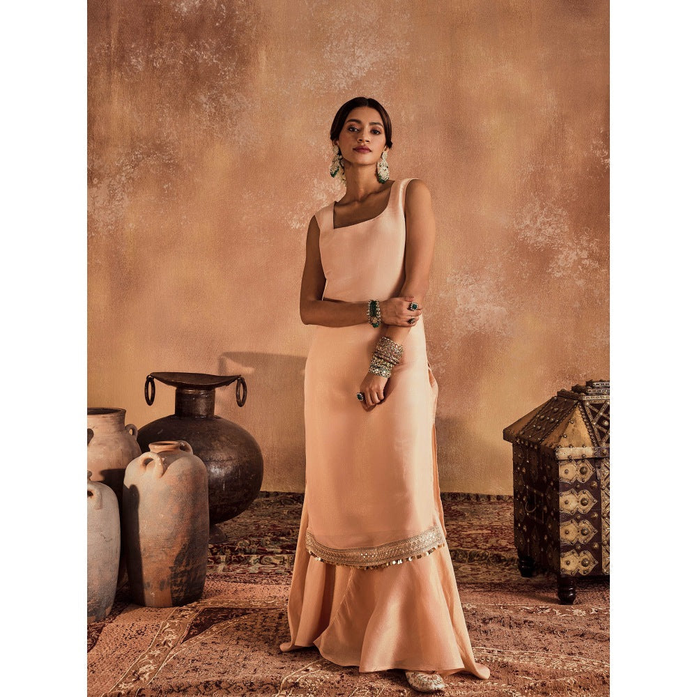 Roze Nisa Peach Kurta with Sharara & Dupatta (Set of 3)