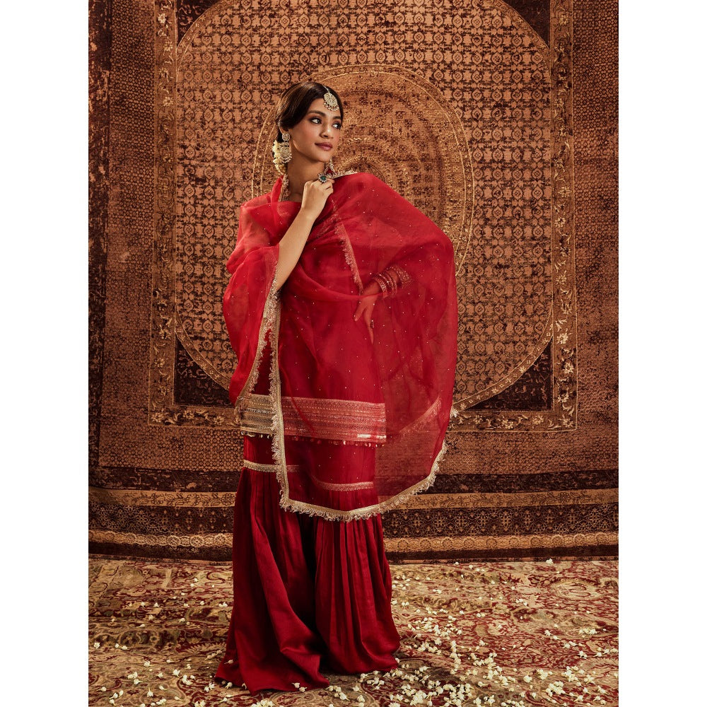 Roze Sultana Red Sleeveless Kurta with Sharara & Dupatta (Set of 3)