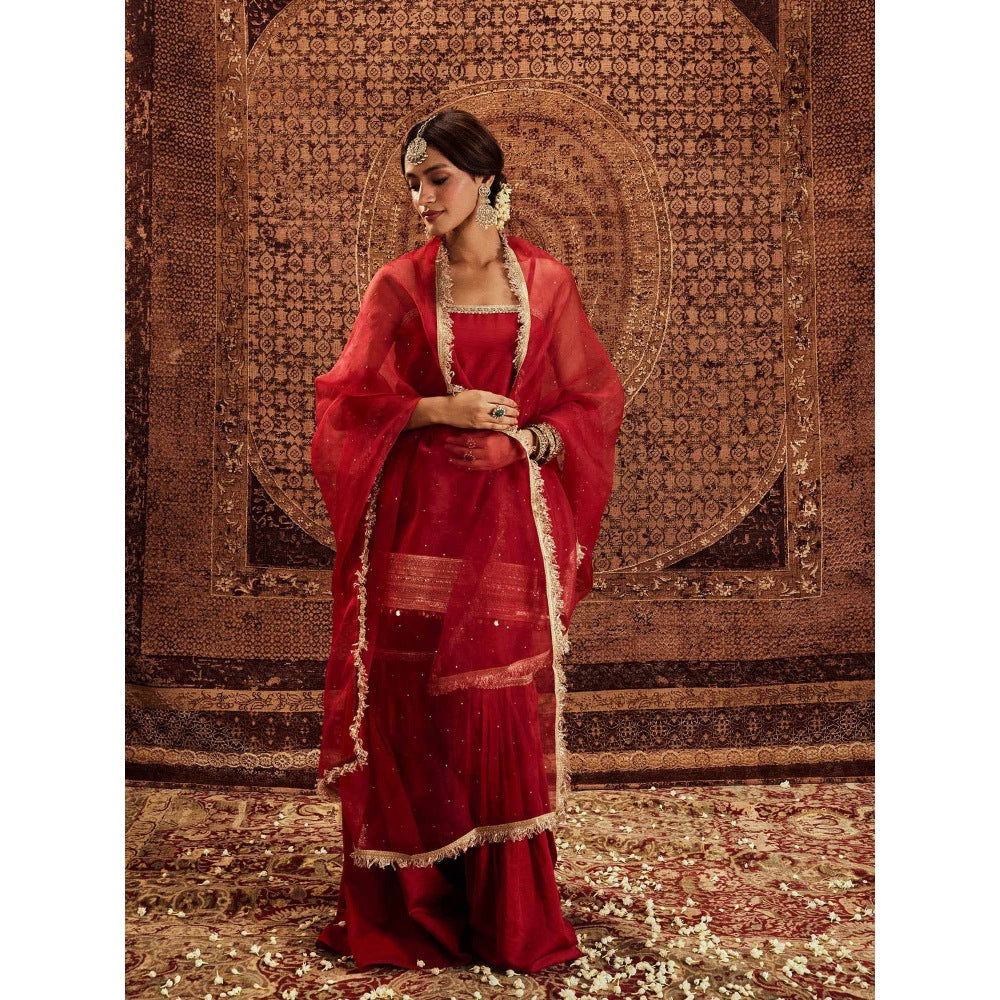 Roze Sultana Red Sleeveless Kurta with Sharara & Dupatta (Set of 3)