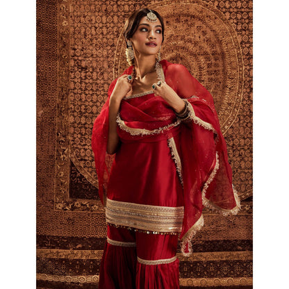 Roze Sultana Red Sleeveless Kurta with Sharara & Dupatta (Set of 3)