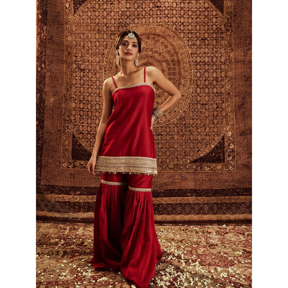 Roze Sultana Red Sleeveless Kurta with Sharara & Dupatta (Set of 3)