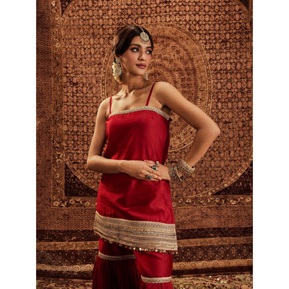 Roze Sultana Red Sleeveless Kurta with Sharara & Dupatta (Set of 3)
